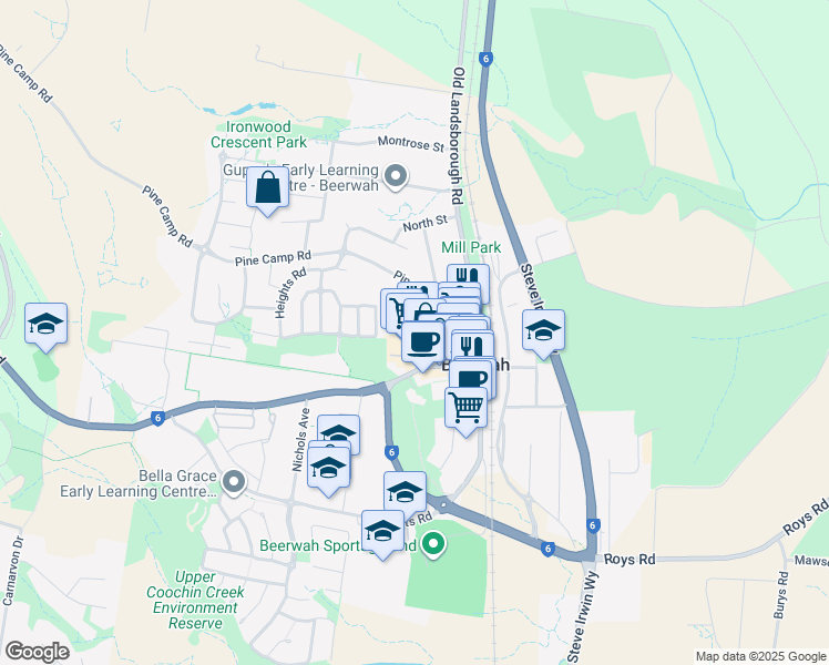 map of restaurants, bars, coffee shops, grocery stores, and more near 25 Pine Camp Road in Beerwah