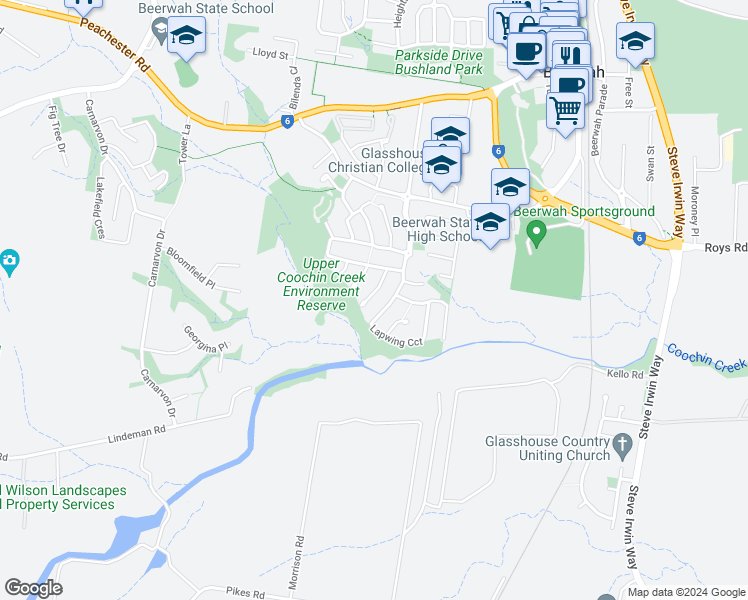 map of restaurants, bars, coffee shops, grocery stores, and more near 19 Red Ash Court in Beerwah