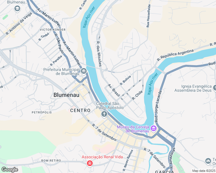 map of restaurants, bars, coffee shops, grocery stores, and more near 19 Rua Peru in Blumenau