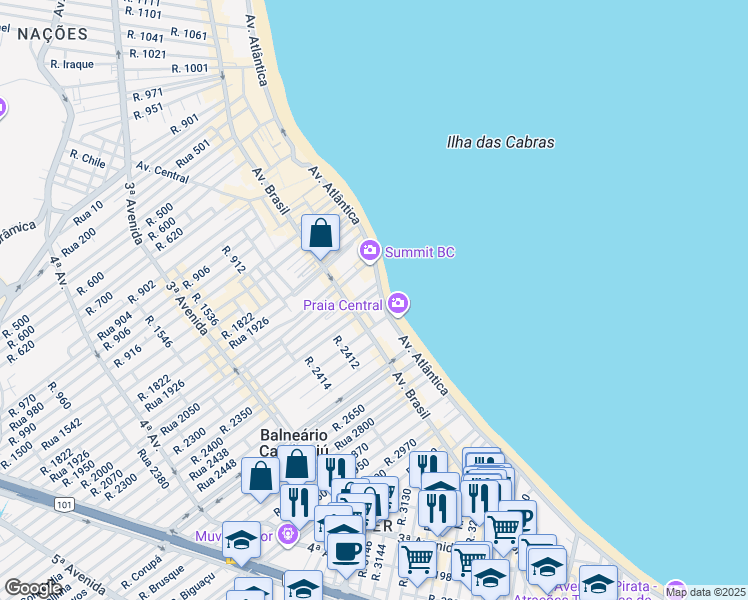 map of restaurants, bars, coffee shops, grocery stores, and more near 2670 Avenida Atlântica in Balneário Camboriú