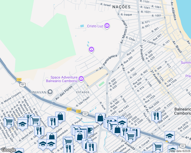 map of restaurants, bars, coffee shops, grocery stores, and more near 1 Avenida Santa Catarina in Balneário Camboriú
