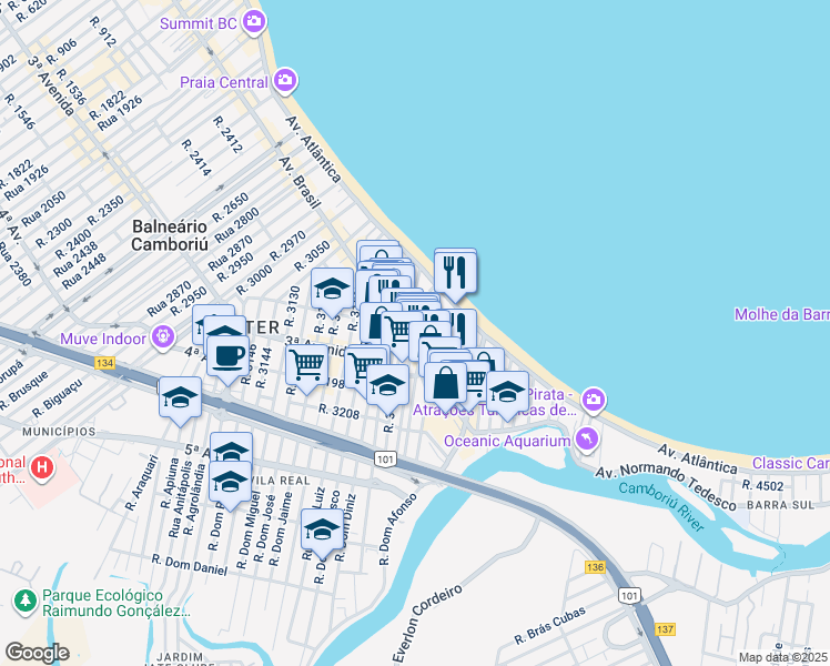 map of restaurants, bars, coffee shops, grocery stores, and more near Rua 3500 in Balneário Camboriú