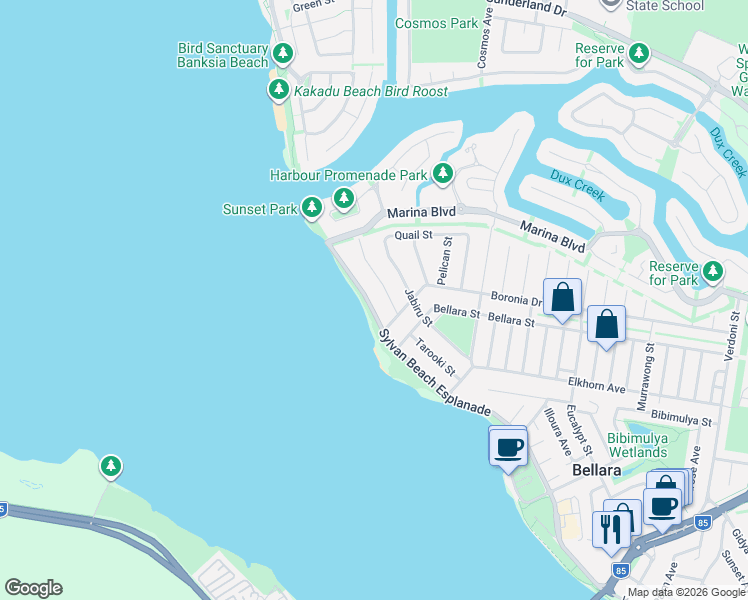 map of restaurants, bars, coffee shops, grocery stores, and more near 163 Sylvan Beach Esplanade in Bellara