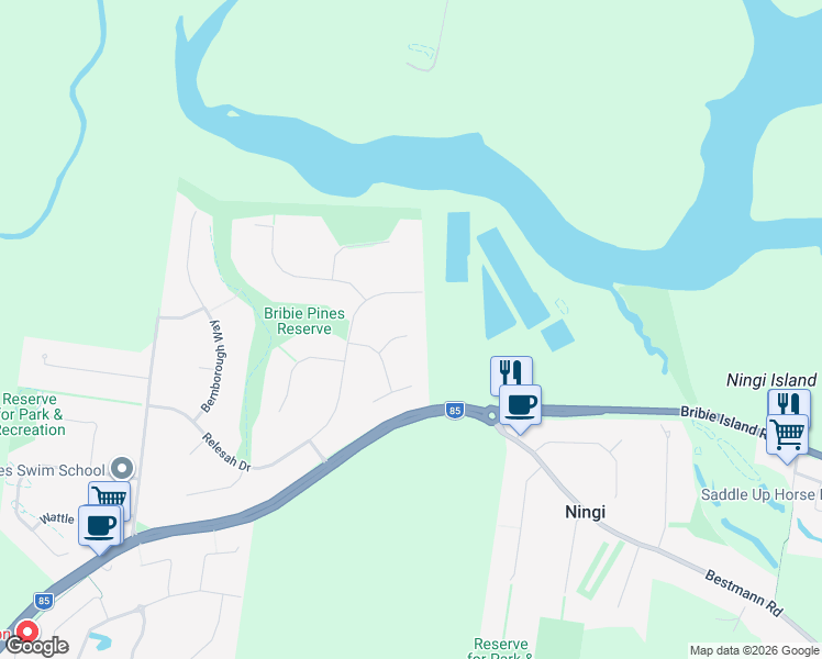 map of restaurants, bars, coffee shops, grocery stores, and more near 13 Craigola Court in Ningi
