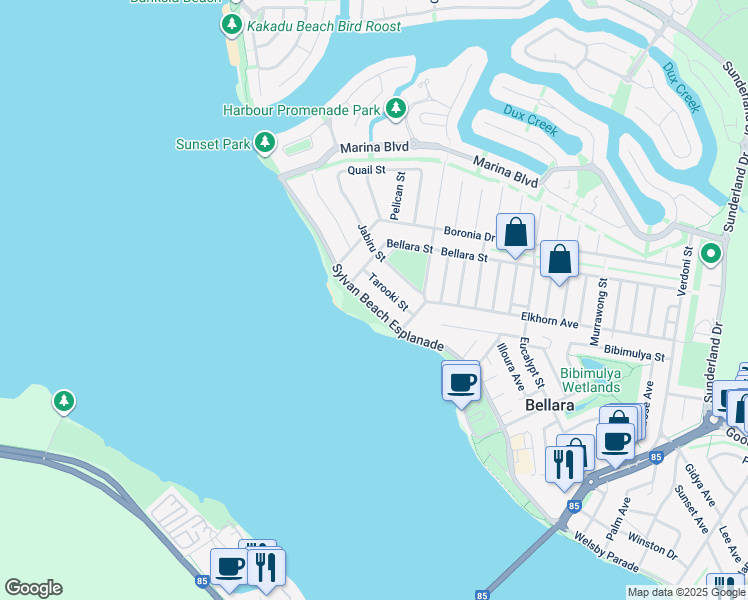 map of restaurants, bars, coffee shops, grocery stores, and more near 129 Sylvan Beach Esplanade in Bellara