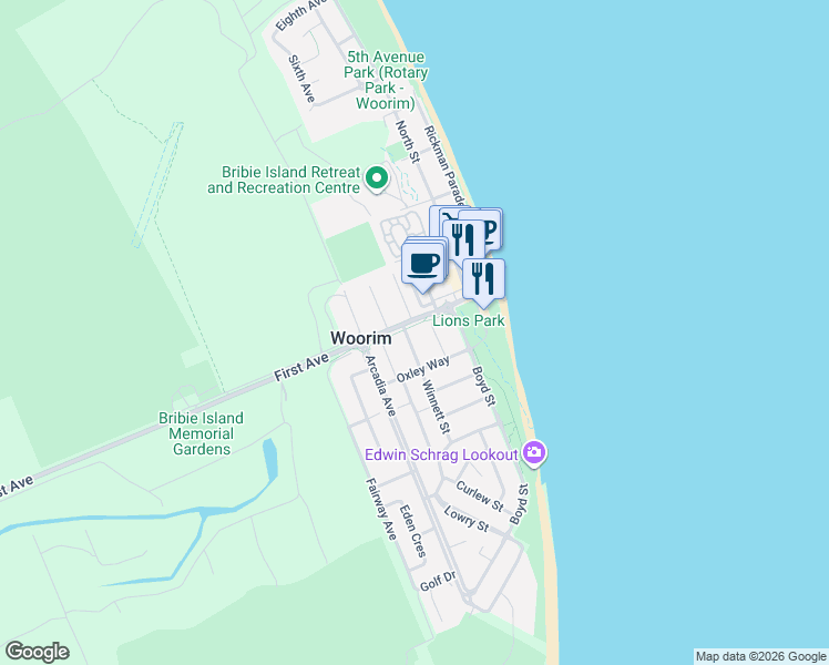 map of restaurants, bars, coffee shops, grocery stores, and more near 1 Winnett Street in Woorim