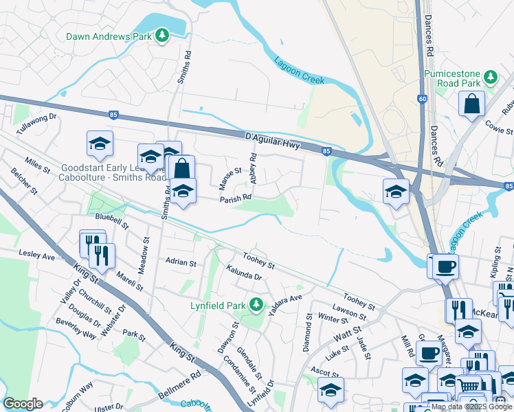 map of restaurants, bars, coffee shops, grocery stores, and more near 60-62 Parish Road in Caboolture