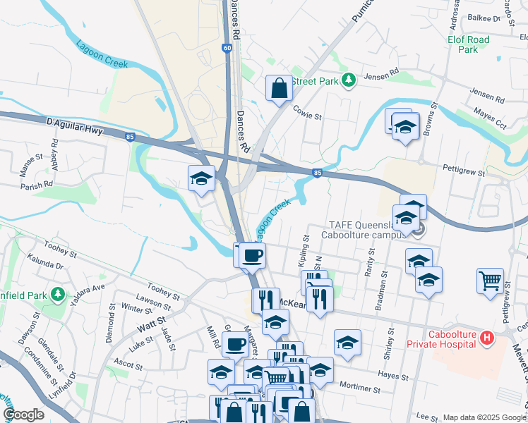map of restaurants, bars, coffee shops, grocery stores, and more near 17 Bratchford Street in Caboolture