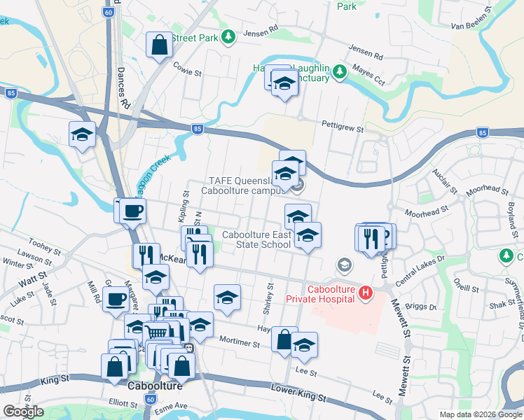 map of restaurants, bars, coffee shops, grocery stores, and more near 38 Bradman Street in Caboolture