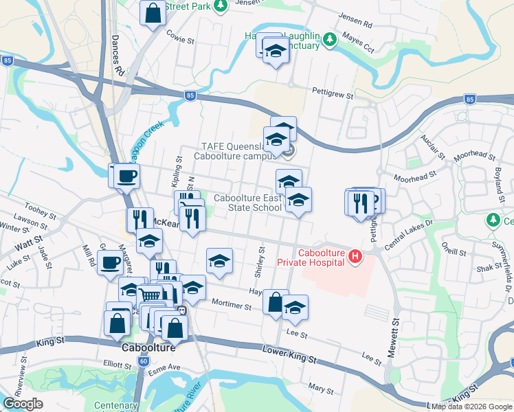 map of restaurants, bars, coffee shops, grocery stores, and more near 19 Bradman Street in Caboolture