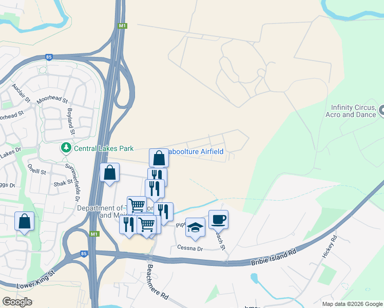 map of restaurants, bars, coffee shops, grocery stores, and more near 157 McNaught Road in Caboolture