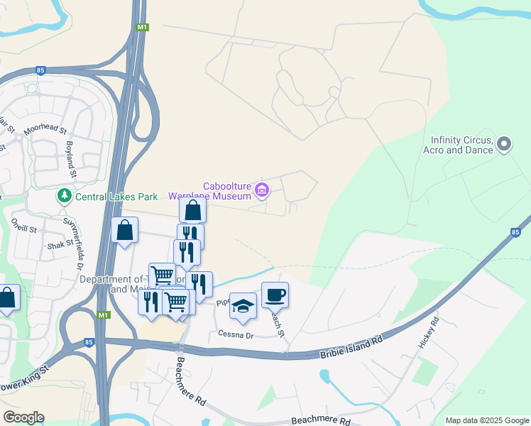 map of restaurants, bars, coffee shops, grocery stores, and more near 157 McNaught Road in Caboolture