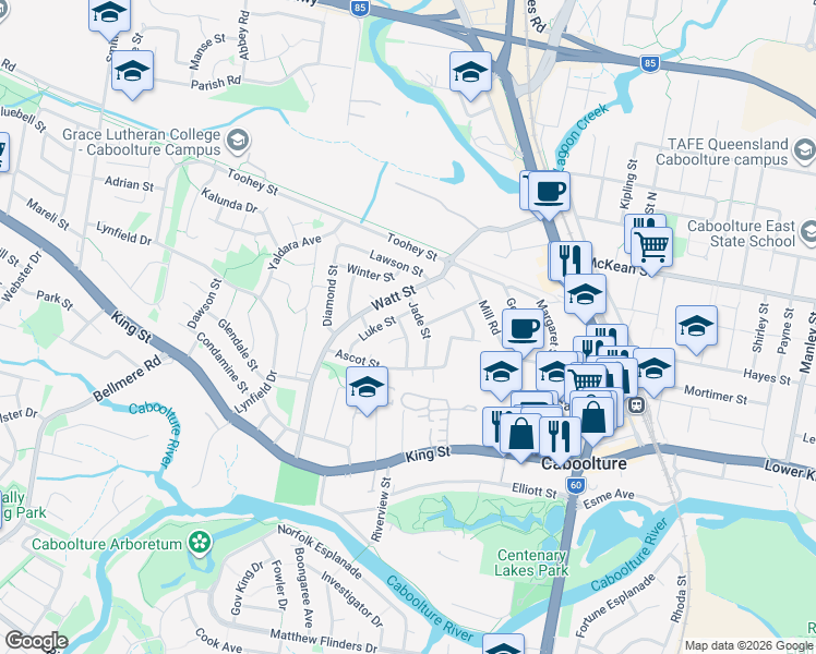 map of restaurants, bars, coffee shops, grocery stores, and more near 16 Katherine Street in Caboolture