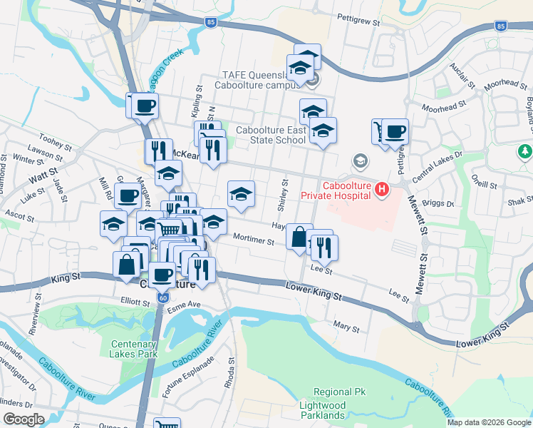 map of restaurants, bars, coffee shops, grocery stores, and more near 5 Mitchell Street in Caboolture