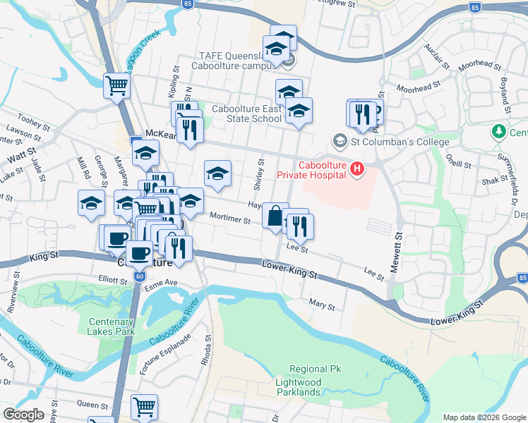 map of restaurants, bars, coffee shops, grocery stores, and more near 18 Francis Street in Caboolture