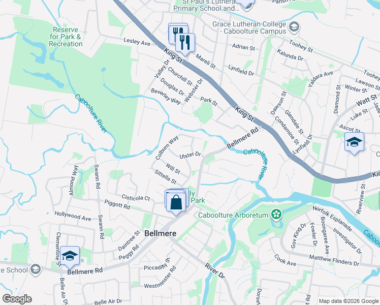 map of restaurants, bars, coffee shops, grocery stores, and more near 2 Hamlyn Street in Bellmere