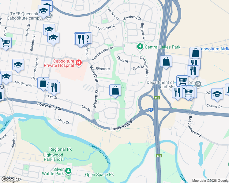 map of restaurants, bars, coffee shops, grocery stores, and more near 9 Breeze Court in Caboolture