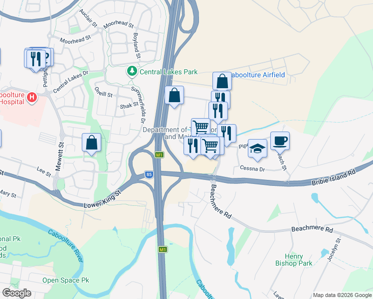 map of restaurants, bars, coffee shops, grocery stores, and more near 83-89 Lear Jet Drive in Caboolture