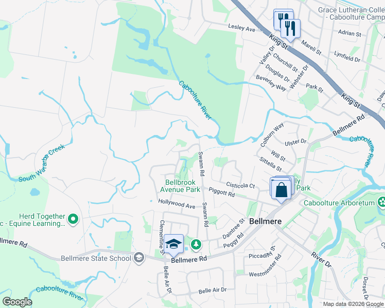 map of restaurants, bars, coffee shops, grocery stores, and more near 3 Riley Court in Bellmere