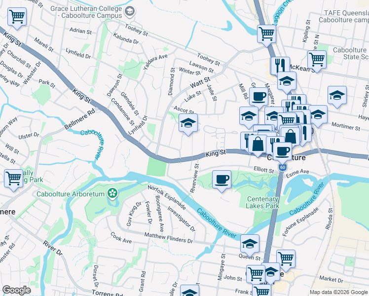 map of restaurants, bars, coffee shops, grocery stores, and more near 7 Arthur Street in Caboolture