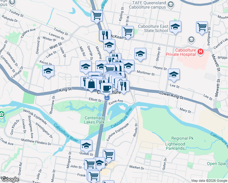 map of restaurants, bars, coffee shops, grocery stores, and more near in Caboolture