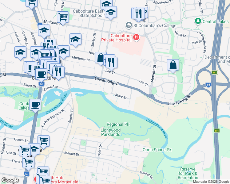 map of restaurants, bars, coffee shops, grocery stores, and more near 3-5 Mary Street in Caboolture