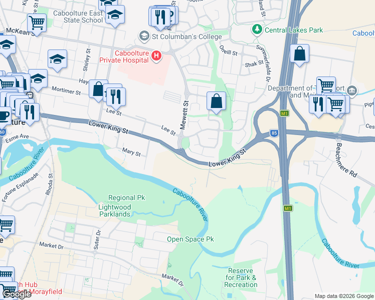 map of restaurants, bars, coffee shops, grocery stores, and more near 14 Stardust Court in Caboolture