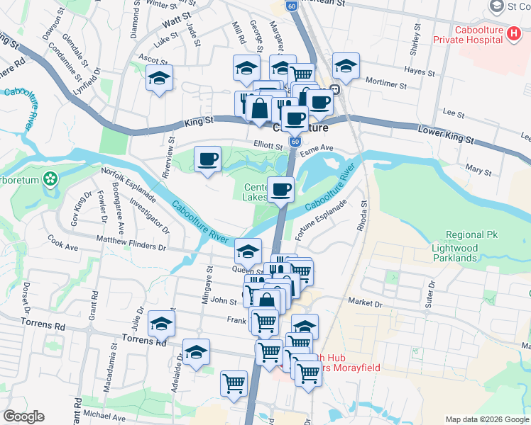 map of restaurants, bars, coffee shops, grocery stores, and more near 2 Morayfield Road in Caboolture