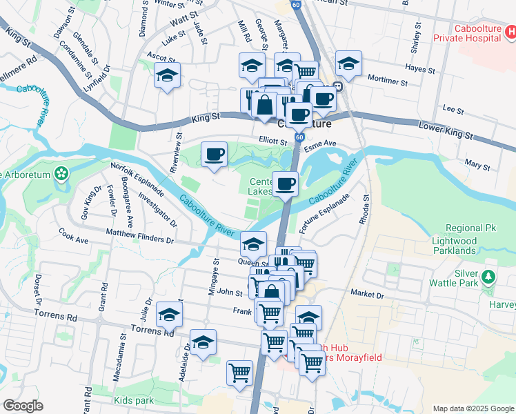 map of restaurants, bars, coffee shops, grocery stores, and more near 2 Morayfield Road in Caboolture