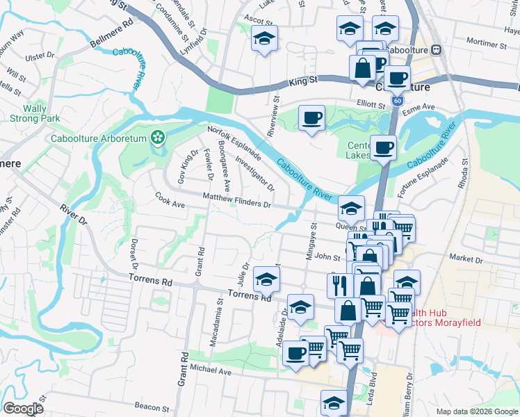 map of restaurants, bars, coffee shops, grocery stores, and more near 20 Matthew Flinders Drive in Caboolture South