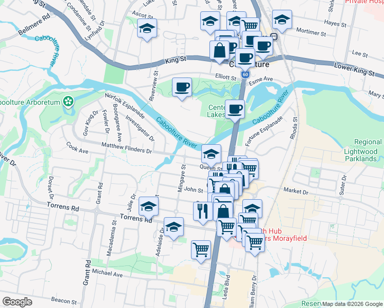 map of restaurants, bars, coffee shops, grocery stores, and more near 55 Church Street in Caboolture South