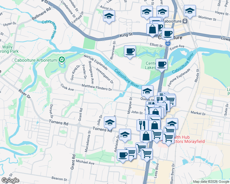 map of restaurants, bars, coffee shops, grocery stores, and more near 8 Matthew Flinders Drive in Caboolture South