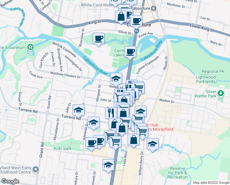 map of restaurants, bars, coffee shops, grocery stores, and more near 17 Rosemary Street in Caboolture South