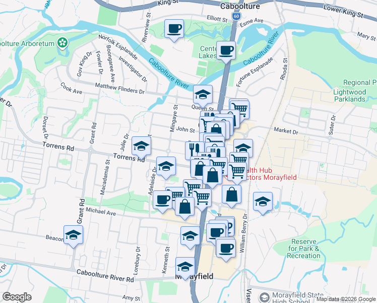 map of restaurants, bars, coffee shops, grocery stores, and more near 29 Domnick Street in Caboolture South