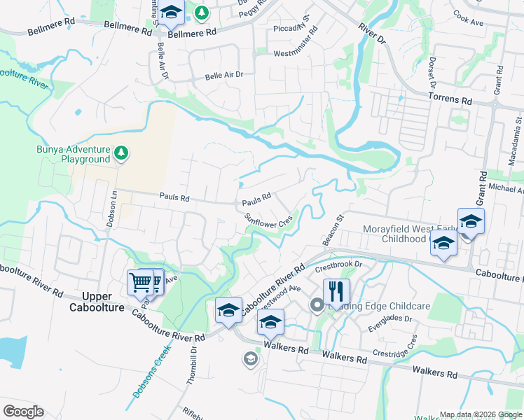 map of restaurants, bars, coffee shops, grocery stores, and more near 8 Bilberry Court in Upper Caboolture