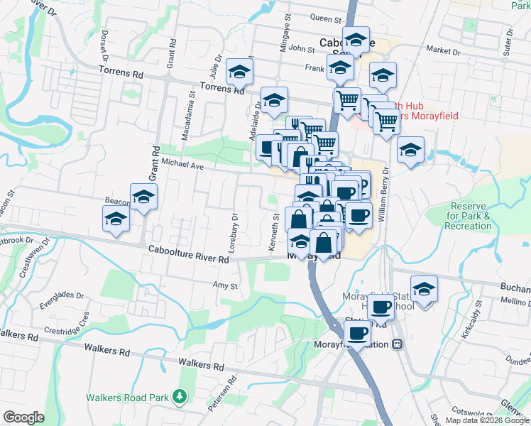 map of restaurants, bars, coffee shops, grocery stores, and more near 10 Judith Street in Morayfield