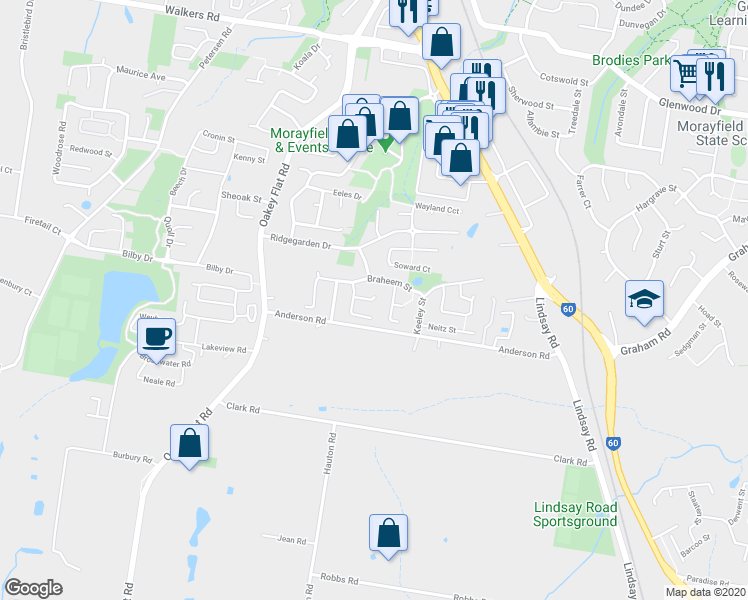 map of restaurants, bars, coffee shops, grocery stores, and more near Wilton Court in Morayfield