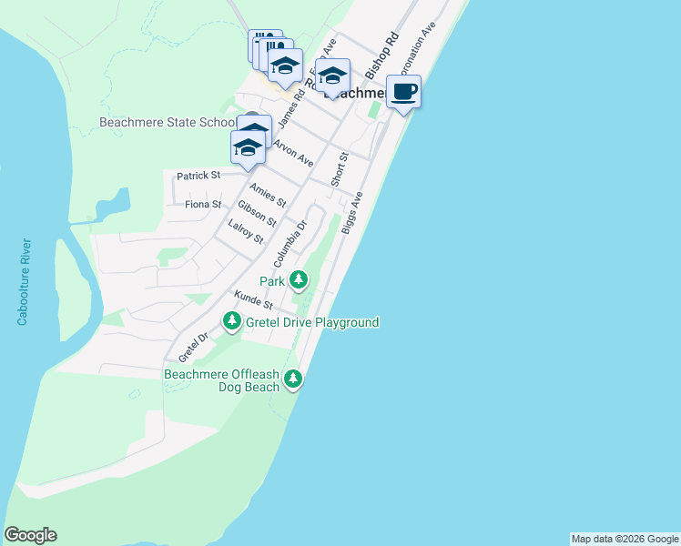 map of restaurants, bars, coffee shops, grocery stores, and more near 81 Biggs Avenue in Beachmere
