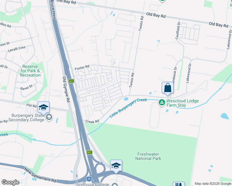 map of restaurants, bars, coffee shops, grocery stores, and more near 59 Creek Road in Burpengary