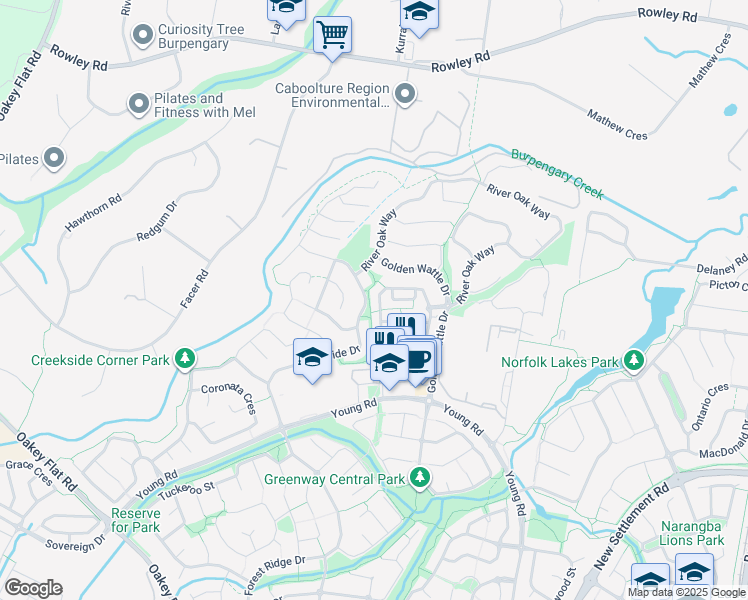 map of restaurants, bars, coffee shops, grocery stores, and more near 75 Central Green Drive in Narangba