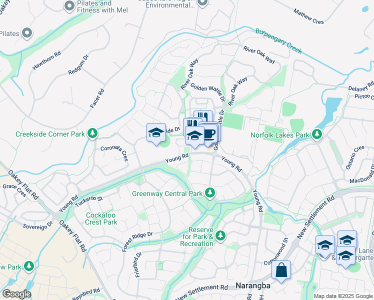 map of restaurants, bars, coffee shops, grocery stores, and more near 230 Young Road in Narangba
