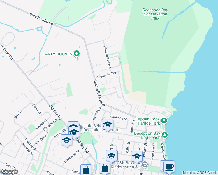 map of restaurants, bars, coffee shops, grocery stores, and more near 10 Bridecroft Court in Deception Bay