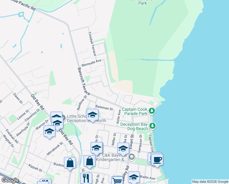 map of restaurants, bars, coffee shops, grocery stores, and more near 22 Bermuda Avenue in Deception Bay