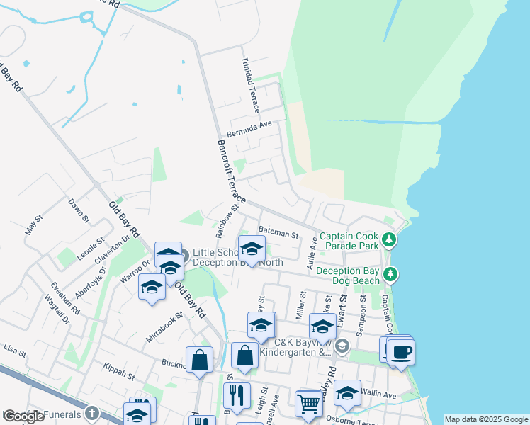 map of restaurants, bars, coffee shops, grocery stores, and more near 71 Bancroft Terrace in Deception Bay