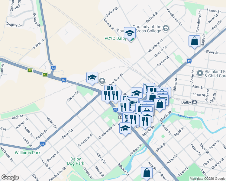 map of restaurants, bars, coffee shops, grocery stores, and more near 7 Moy Street in Dalby