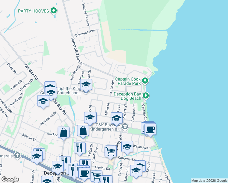 map of restaurants, bars, coffee shops, grocery stores, and more near 16 Gregory Avenue in Deception Bay