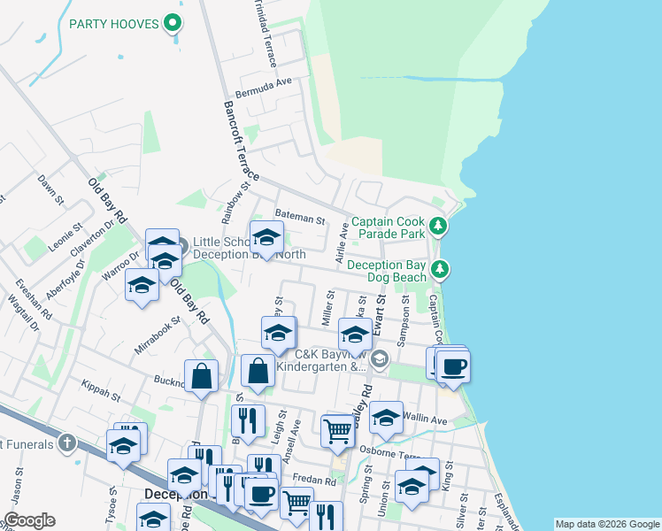 map of restaurants, bars, coffee shops, grocery stores, and more near 25 Thompson Street in Deception Bay