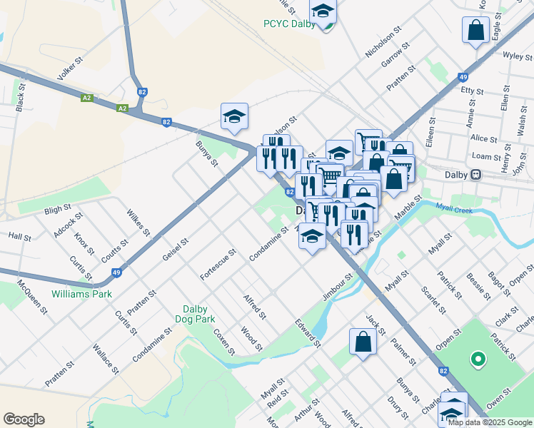 map of restaurants, bars, coffee shops, grocery stores, and more near 41 Bunya Street in Dalby