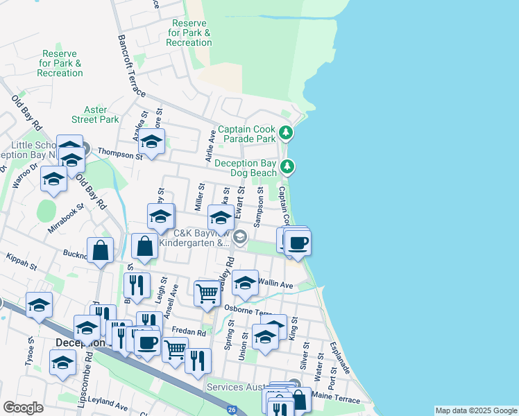 map of restaurants, bars, coffee shops, grocery stores, and more near Sampson Street in Deception Bay