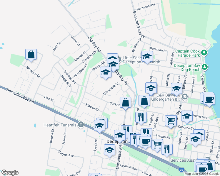 map of restaurants, bars, coffee shops, grocery stores, and more near 22 Mirrabook Street in Deception Bay